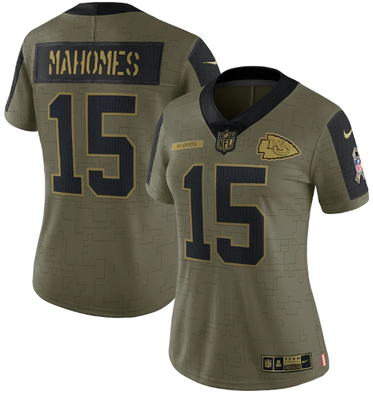 Women's Kansas City Chiefs #15 Patrick Mahomes 2021 Olive Salute To Service Limited Stitched Jersey(Run Small)